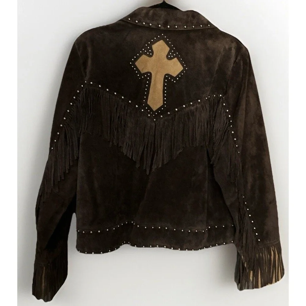 Saguaro Leather Suede Fringe Jacket Studded Cross Western Biker Brown Y2K Sz L - Picture 2 of 6